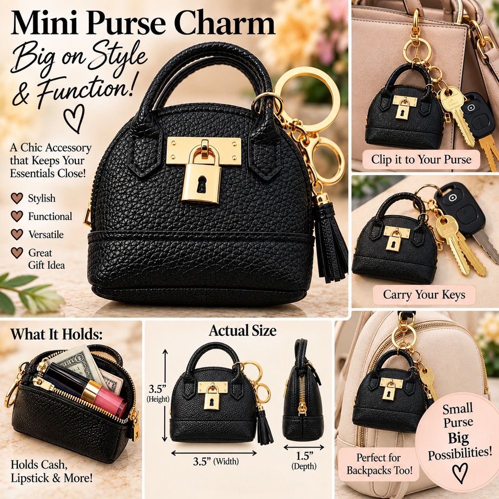 Mini Purse Charm Keychain Black Pebbled Faux Leather Gold Padlock Tassel Accent
